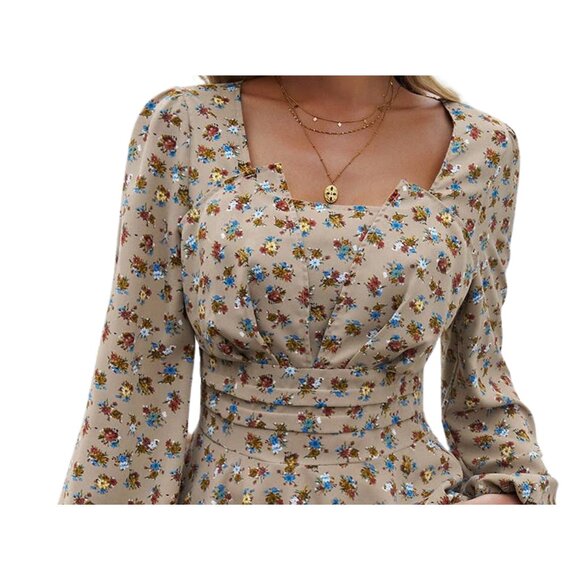 Khaki Square Neck Puff Sleeve Floral Peplum Top Size S M L XL Flower Bouquets - Picture 2 of 5